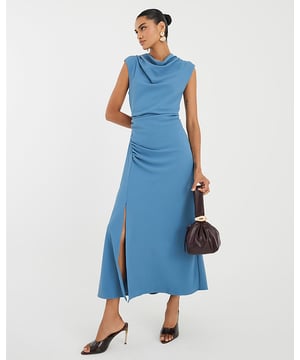Cowl neck, Sleeveless, Back button and loop fastening, Side zip closure, Midaxi length