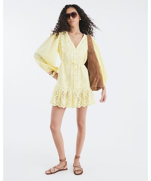 V-neck, Long sleeves, Broderie detail, Cutwork, Belted, Button fastening, Mini length