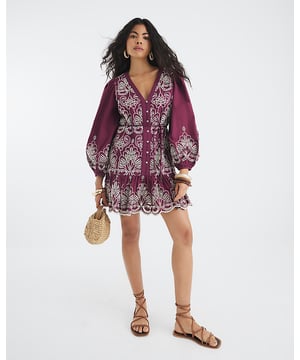 V-neck, Long sleeves, Broderie detail, Cutwork, Belted, Button fastening, Mini length
