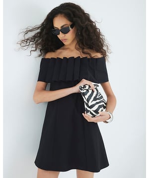 Bardot neckline, Sleeveless, Pleated, Elasticated back, Bow detail, Mini length