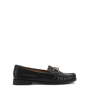 This Miller is a soft black slip on loafer. There is an antiqued brass chain across the vamp.