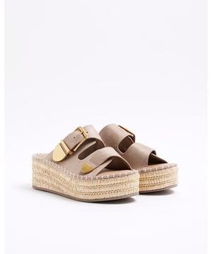 Suedette, Gold hardware, Buckle detail, Slips on, Double straps, Wedge heel, Raffia detail