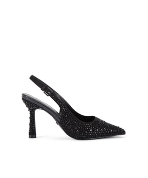 This KG Kurt Geiger Adina court slingback heel features a black microsuede upper that is embellished with black crystals. The toe is pointed and the slingback strap is fastened with a gunmetal branded buckle. Heel height: 9cm.