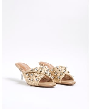 Raffia, Skinny heel, Square open toe, Twist detail, Rhinestone embellished, Slip on, Heel height: 7cm