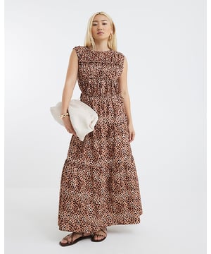 Swing dress, Round neckline, Leopard print, Drawstring fastening, Tiered style, Maxi length