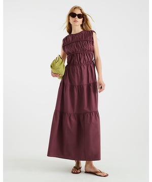 Round neckline, Sleeveless, Drawstring detail, Tiered design, Maxi length