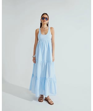 Scoop neckline, Sleeveless, Open back, Tie fastening, Tiered hem, Maxi length