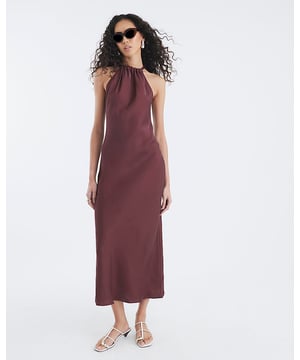 Satin fabric, Halter neck, Sleeveless, Tie fastening, Maxi length