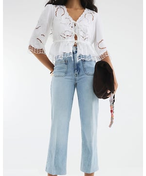 Denim fabric, Cropped wide leg, Pockets, Zip and button fastening