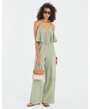 Gingham print, V-neck, Sleeveless, Double layer design, Wide leg