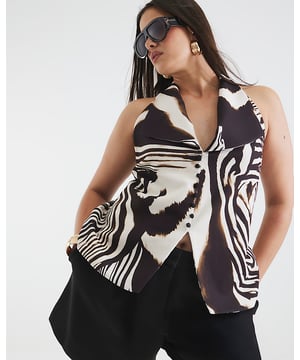 Halterneck, Zebra Print, Decorative Button Detail, Sleeveless