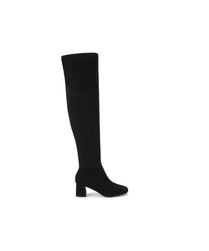 This KG Kurt Geiger Storm Over The Knee Boot is crafted from a black microsuede fabric. There is a gunmetal zipper on the inner side of the ankle. Heel height: 6cm.