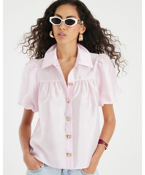 Collared, Short puff sleeves, Gold button fastening