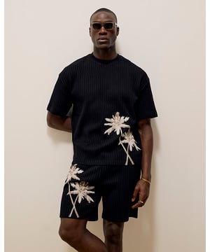 Crew neckline, Oversized Fit, Plisse Fabric, Palm tree embroidery detail