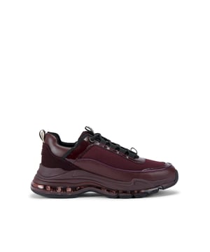 This Kurt Geiger Legit Lace Up Sneaker is crafted in a deep wine leather alternative with mesh panels. There are KG Kurt Geiger branded tape tabs across the shoe and the front laces up. Bubble style sole.
