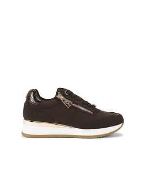 This Kurt Geiger Lina sneaker features a brown nylon upper. There is a gold tone zip next to the eyestay and two branded charms on the laces and heel.