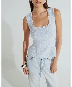 Boucle fabric, Square neckline, Sleeveless, Pearl and diamante embellished trim