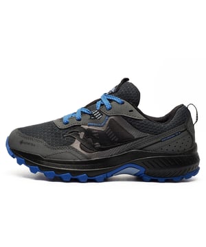 Whether youre tackling steep trails, winding forest paths, or simply heading outdoors to explore, the Saucony Excursion TR16 running shoes are built to deliver comfort, stability, and confidence with every step.
 The Versarun cushioning softens impact and provides steady support, ensuring a smooth, comfortable stride, while the carbon-rubber outsole with grippy lugs offers superior traction on varied terrain.
 A streamlined upper with a GORE-TEX membrane delivers waterproof protection to keep your feet dry in wet conditions, while the rugged design adds trail-ready durability for intense outdoor runs.
 
 - Synthetic / Textile mix upper 
 - Waterproof GORE-TEX construction
 - Secure lace closure
 - Versarun cushioned midsole 
 - Heel pull tab for easy on / off wear 
 - Comfort cushioned insole 
 - Durable rubber outsole 
 - Saucony branding throughout