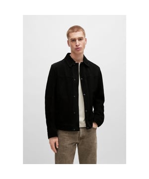 Mens BOSS Jomister Regular-fit jacket in nappalan-back suede in blackA trucker-style jacket cut to a straight fit in responsibly sourced suede with a nappalan finish on the back by BOSS Menswear. - Regular fit- Fit back length: 68 cm- Fit length: Standard length- Shirt collar- Denim trucker snap fastening construction- Convertible snap cuffs- 100% Goat leather.  Reduced dry clean.- Ref: 50514542-001