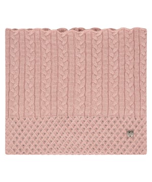 
Gebreide colsjaal met kabelstructuur en strassteentjes. 40% viscose, 30% polyester, 20% nylon, 10% wool