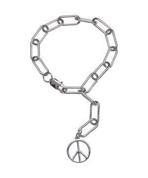 
90% ijzer, 10% zink. Schakelketting. Bevestiging: karabijnhaak. Ontwerp: Ketting, Vrede. Inhoud: Hanger.