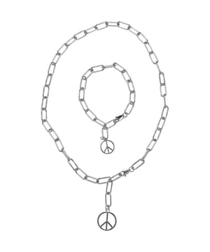 
90% ijzer, 10% zink. Schakelketting. Bevestiging: Kreeftsluiting. Ontwerp: Vredessymbool. Inhoud: 1 armband, 1 halsketting. Y Hals.