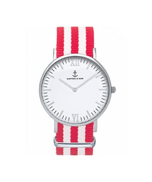 Altijd in de Kapten & Son uitverkoop op V&D. Dit item koop je nu met flinke korting in de Kapten & Son outlet!
 Merk  Kapten en Son      Materiaal  Stainless Steel 316L      Serie  Campina      Horlogekast  36 mm      Dikte  7 mm      Waterdichtheid  5 ATM      Kleur band  Rood en wit      Band  Nylon      Breedte band  18 mm      Glas  Mineral crystal      Uurwerk  Quartz      Voor  Dames      EAN  4251145214074