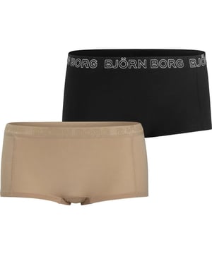 
Björn Borg Dames Minishorts 2-pack – Frappe/Zwart

 De Björn Borg Dames Minishorts 2-pack biedt twee stijlvolle minishorts in de kleuren Frappe en Zwart. Deze shorts zijn gemaakt van 95% Tencel en 5% elastaan, wat zorgt voor een zacht en ademend gevoel tegen de huid. De elastische tailleband met het iconische Björn Borg-logo biedt extra ondersteuning en een moderne uitstraling.

 Belangrijkste Kenmerken

   
 * Verpakking: Set van twee minishorts in de kleuren Frappe en Zwart.     
 * Materiaal: Hoogwaardig Tencel (95%) en elastaan (5%) voor zachtheid en flexibiliteit.     
 * Pasvorm: Aansluitende minishorts met korte pijpen voor optimale bewegingsvrijheid.     
 * Tailleband: Brede elastische band met het Björn Borg-logo voor extra comfort en een moderne look.     
 * Kleur: Effen Frappe en Zwart – veelzijdige en tijdloze kleuren.   Waarom Kiezen voor de Björn Borg Dames Minishorts 2-pack?

 Deze minishorts zijn perfect voor vrouwen die een combinatie van comfort en stijl zoeken in