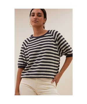 
<p>De neva slub stripe top is een comfortabele top met een ronde halslijn. De top heeft een korte mouw en is afgewerkt met een rib boord aan zowel de onderkant van de mouwen als aan de onderkant van de top. Daarbij zit er een splitje aan beide zijkanten van de top. De top is gemaakt van een fijne blend van biologisch katoen en gerecycled polyester en is een echte must-have essential.</p>
<ul>
<li>model info: 172 centimeter, draagt maat s</li>
<li>maatadvies: deze maat valt normaal</li>
<li>fit: normale pasvorm</li>
</ul><br>Kleur: Jet black <br>
Materiaal: 80% organic cotton, 20% recycled_polyester<br>
- organisch katoen<br>
- ribgebreide randen<br>
- ronde halslijn<br>
model info: 172 centimeter, draagt maat s<br>
maatadvies: deze maat valt normaal<br>
fit: normale pasvorm