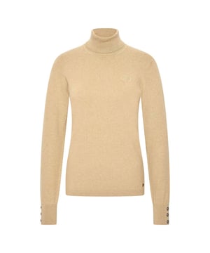 
* Fijngebreide trui
* Ribboorden, rolkraag, onderste zoom en zijkanten
* Metalen knopen aan de manchet
* Logoborduursel op de borst
* Metalen merkplaatje aan de onderste zoom 80% cotton 18% polyamide 2% elastan