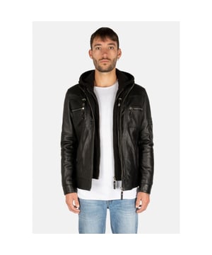 
<strong>Zwarte premium leren jas heren - afneembare capuchon</strong>
