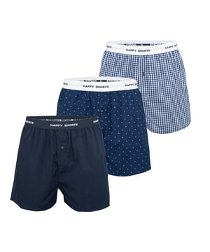 
Happy Shorts set van 3 wijde boxershorts met elastische waistband. De onderbroeken hebben een losse pasvorm voorzien van gulp met knoopsluiting.