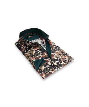
Een statement stretch overhemd in rood, groen en bruin tinten. Het lichtgewicht geweven shirt heeft een prachtige bloemen print en de kraag en manchetten zijn afgewerkt met een diep groen stof. Het hemd gestyled met real horn knopen. 97% katoen en 3% elastan.