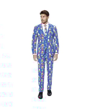 
Je hoeft niet langer te zoeken naar het perfecte kerstcadeau dit jaar. Wikkel jezelf gewoon in dit stijlvolle blauwe pak met een kerstcadeaus- en kerstmannenprint en je bent zelf het beste cadeau dat er is. Het is het perfecte item om de show te stelen op elke winterse gelegenheid.