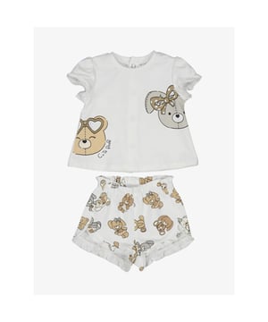 
Schattige baby set van Baby Mayoral. Set is verkrijgbaar vanaf maar 62 t/m maar 86. Meisje set bestaat uit een korte kort met all over print met beren en een schattige t-shirt ook met beren print.