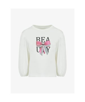 
De Lapin House Longsleeve in Off White heeft een ballonmouw, een print met BEAUTY en een roze strik met zilveren glitters. Combineer met de bijpassende Lapin House Tulle rok.