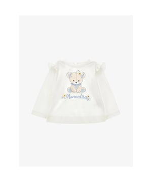 
De Monnalisa Baby Longsleeve in de kleur Panna Celeste heeft een knoopsluiting op de rug, roezel op de schouders en een beren print. Combineer met de bijpassende tulle rok.