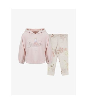 
Het Lapin House Setje in de kleur Salmon uit de Ballerina collectie heeft een velvet hoodie met een legging. De hoodie heeft een roezel aan de achterkant, glitter letters en een tulle rok.