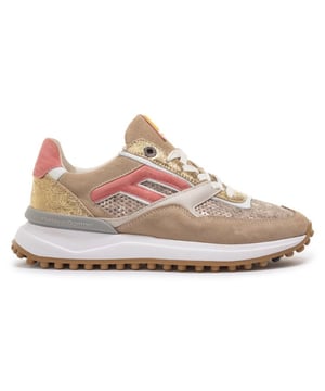 
Noppi 36.08 Gold sneaker uit de Floris van Bommel damesschoenen collectie. Deze volledig leren sneaker heeft een upper van beige met goed metallic en rose kleuraccenten. Het voetbed van deze comfortabele Noppi sneaker is uitneembaar.