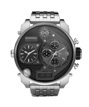 The Diesel DZ7221 Mr./Big Daddy showcases Diesel’s signature multi‑time design with analog‑digital displays and four time zones. It uses a quartz movement with chronograph and day/date functions under a mineral crystal. The oversized stainless steel case measures about 57–58 mm and is paired with a matching bracelet. Water resistance is 30 m, making it a statement, multi‑function piece for casual wear.
