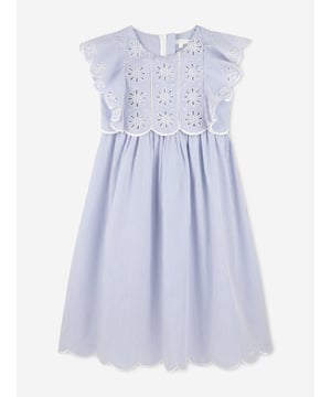 French label Chloé embody 70s nostalgia in their enchanting fabrics and Bohemian spirit. This girls blue and white dress is engineered in beautiful cotton poplin via a striped woven effect. It is adorned with colour contrasted flower embroidery on the front and on the flounced sleeves. The spellbinding piece is complete with Chloe logo embroidery.

Round Neck
Short Sleeves
100% Cotton