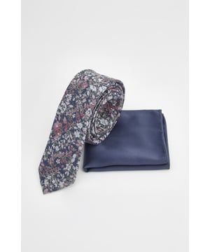 Navy Floral Print Tie and Plain Pocket Square
