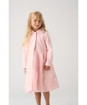 Delight in sweet details with this set from Luna Moon. The heavyweight cotton blend jacket features delicate tulle butterfly appliqué, paired with a layered tulle dress with satin bodice and lining for a soft, elegant finish. Complete with matching butterfly hair clips, it’s an enchanting outfit for memorable occasions.