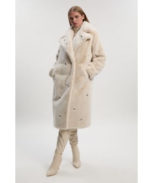 Crystal Embellished Faux Fur Long Coat