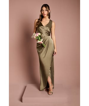 Imagined in a classic wrap silhouette and accentuated by draped details, this bra-friendly maxi dress will elevate any bridal party. Made from Katy satin: exuding a lustrous sheen, this satin fabric displays a textured appearance, adding extra character to every piece. A sturdy complexion helps hold the shape of the design for a curated silhouette whatever the style. Level of stretch: little. This dress fastens with a rear concealed zip. Perfect for a town hall wedding. ?