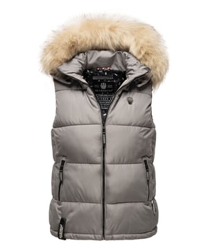 El chaleco acolchado Eisflöckchen de Marikoo destaca por su diseño elegante y sus modernos colores. Confeccionado en tejido suave con cálido relleno, cuenta con capucha desmontable y un gran cuello de pelo sintético extraíble. Sus bolsillos laterales con forro polar, bolsillo interior con cremallera y bolsillo de malla añaden funcionalidad. El cuello alto protege contra el viento y el corte entallado realza la figura. Una prenda imprescindible para primavera, otoño e invierno.