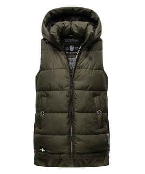 El chaleco acolchado Zarinaa de Marikoo combina estilo y funcionalidad. Con tejido suave, acolchado ligero y colores vivos, es ideal para primavera y otoño. Incluye capucha desmontable con cordón, cuello alto protector, cremalleras laterales largas para mayor libertad de movimiento y varios bolsillos interiores y exteriores. Con corte entallado, detalles de logotipo y dobladillo trasero más largo, es una prenda práctica y elegante para cualquier ocasión.
