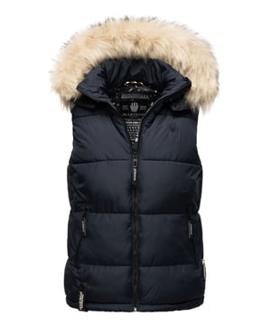 El chaleco acolchado Eisflöckchen de Marikoo destaca por su diseño elegante y sus modernos colores. Confeccionado en tejido suave con cálido relleno, cuenta con capucha desmontable y un gran cuello de pelo sintético extraíble. Sus bolsillos laterales con forro polar, bolsillo interior con cremallera y bolsillo de malla añaden funcionalidad. El cuello alto protege contra el viento y el corte entallado realza la figura. Una prenda imprescindible para primavera, otoño e invierno.
