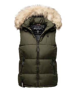 El chaleco acolchado Eisflöckchen de Marikoo destaca por su diseño elegante y sus modernos colores. Confeccionado en tejido suave con cálido relleno, cuenta con capucha desmontable y un gran cuello de pelo sintético extraíble. Sus bolsillos laterales con forro polar, bolsillo interior con cremallera y bolsillo de malla añaden funcionalidad. El cuello alto protege contra el viento y el corte entallado realza la figura. Una prenda imprescindible para primavera, otoño e invierno.