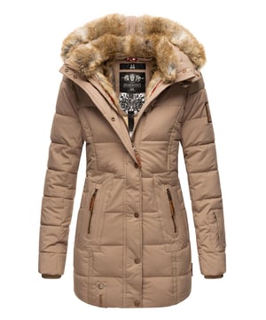 Diese Damen Winterjacke von Marikoo kombiniert Funktionalität und Style. Das wasserabweisende Obermaterial, die warme Wattierung und die weiche Kunstfell-Innenfütterung machen sie zum idealen Begleiter für kalte Wintertage. Praktische Details wie abnehmbare Kapuze mit Kunstfell, hoch schließender Kragen, zwei Reißverschlusstaschen mit Fleecefutter und eine Innentasche mit Kopfhörerausgang sorgen für Komfort im Alltag. Mit Steppoptik, Rippbündchen und eleganten Kunstlederdetails ist die Jacke modisch und gleichzeitig sehr warm.
Material: Oberstoff/Futter/Wattierung 100% Polyester; Kunstfell 90% Polyacryl, 10% Polyester.